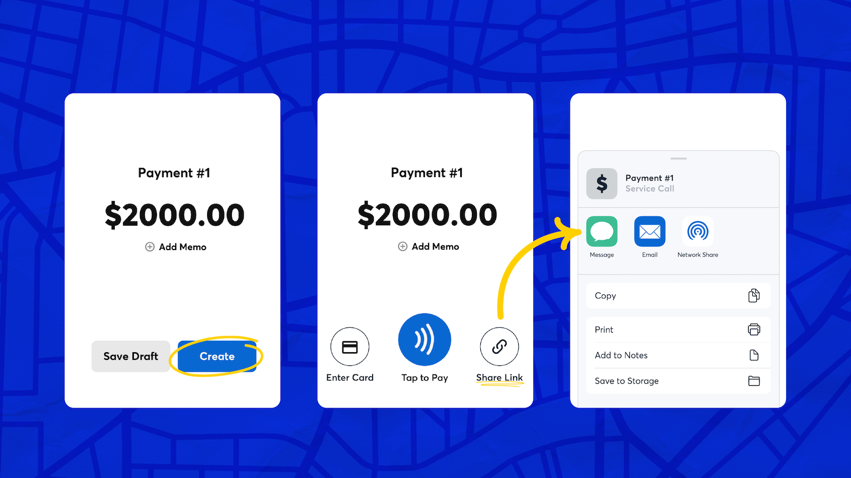 Visual walkthrough of creating and sharing a $2000 payment request in CompanyCam, with options to enter a card, use Tap to Pay, or share a secure payment link via message or email.