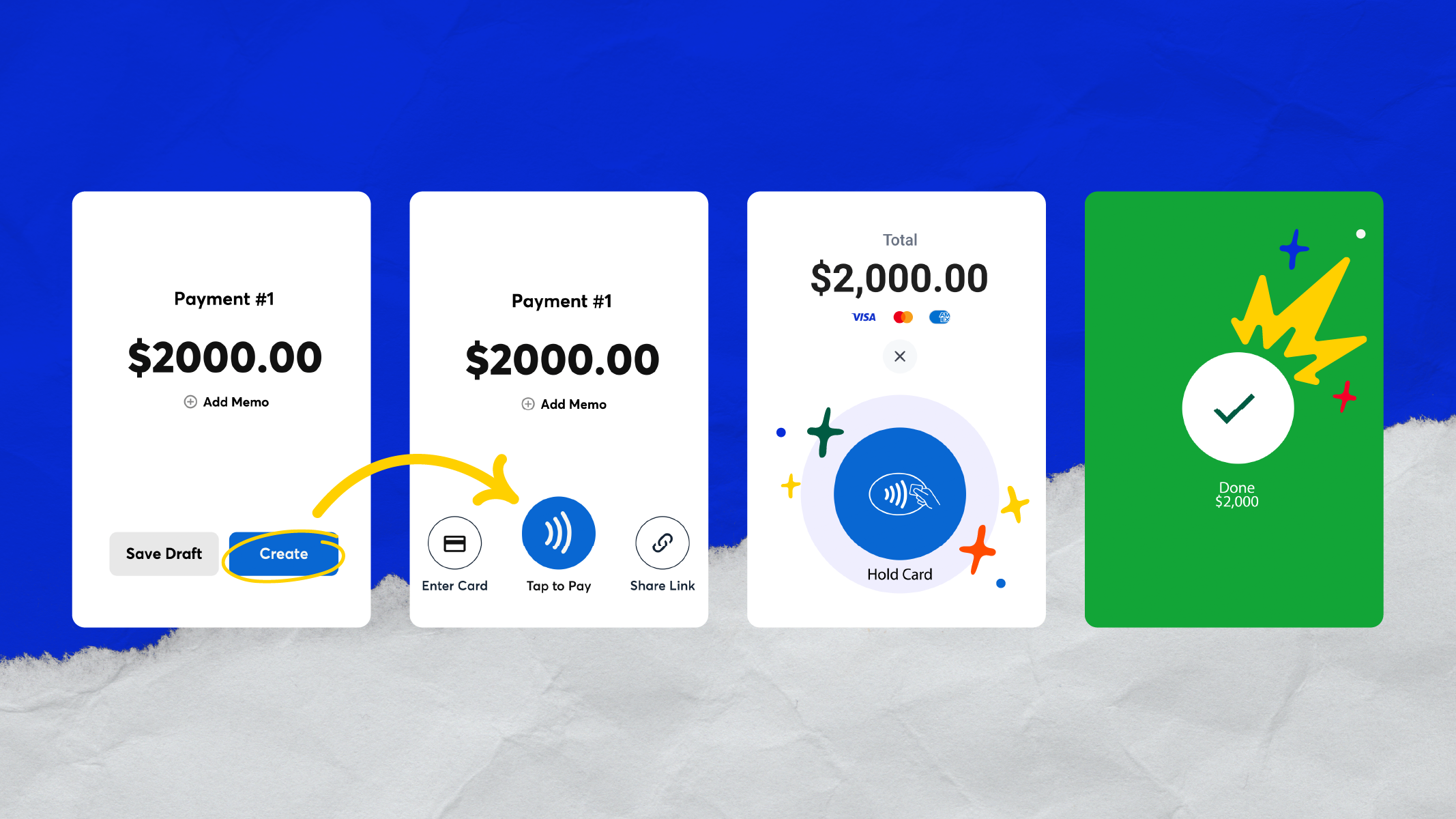 Step-by-step illustration of using Tap to Pay in CompanyCam to collect a job site payment with a mobile device, ending in a successful transaction confirmation.