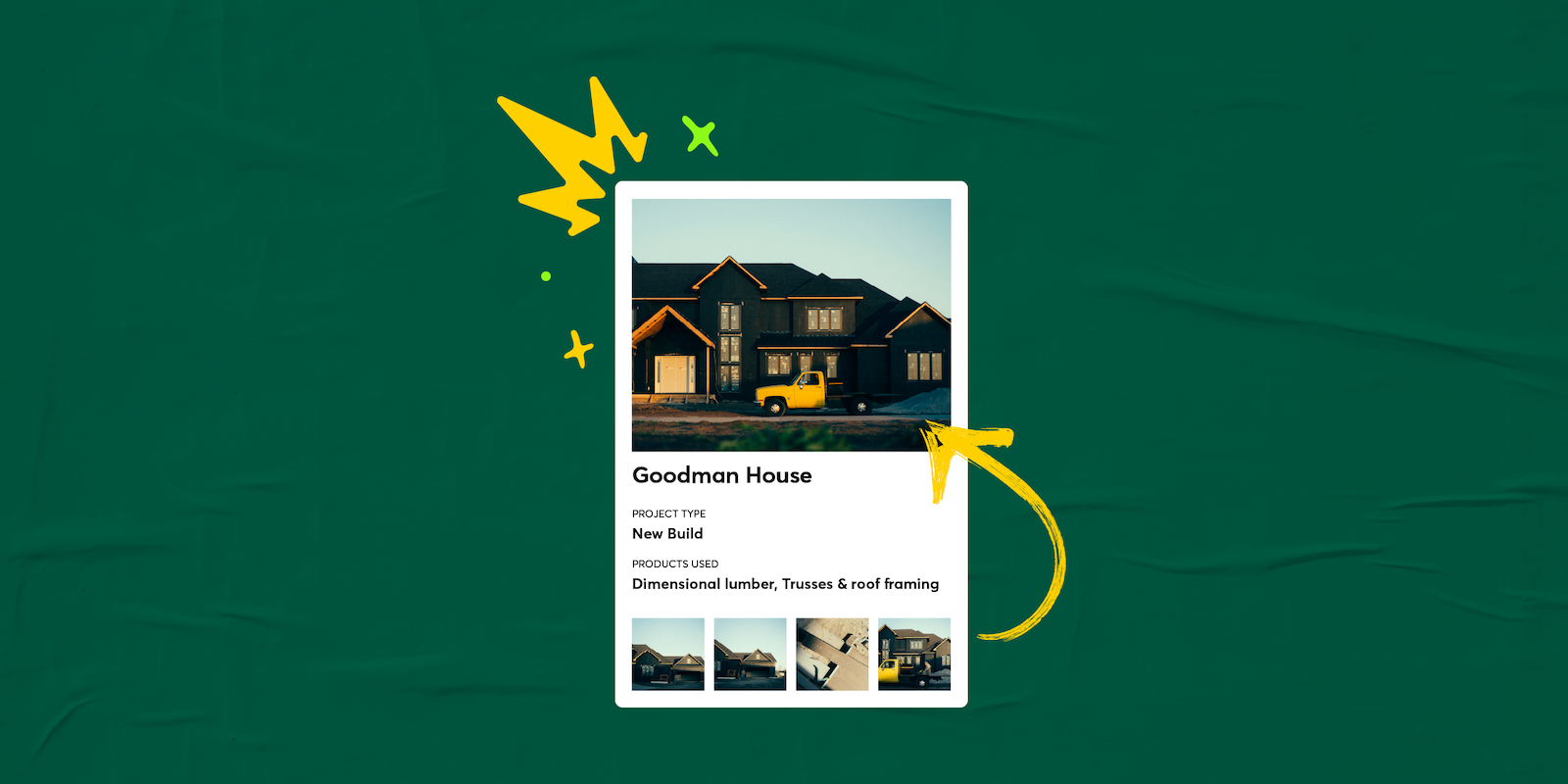 contractor project showcase for Goodman House featuring a new build with product details and multiple job site photos, highlighting visual proof of completed work for a professional work portfolio