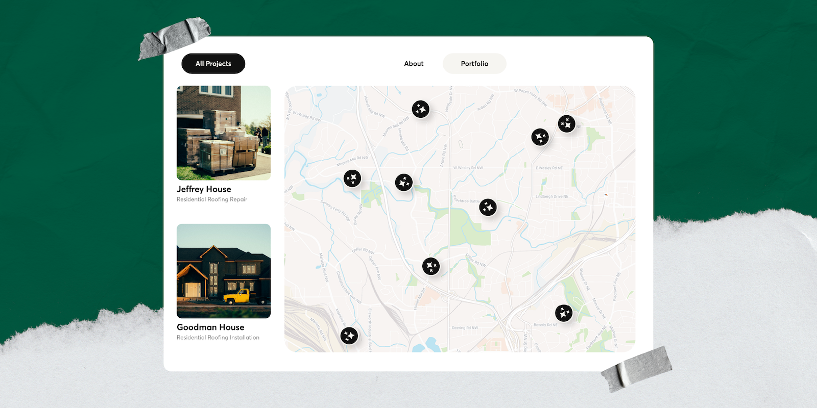 contractor portfolio webpage showing project photos and descriptions on the left with a map of completed job locations on the right, highlighting how work is displayed visually and geographically