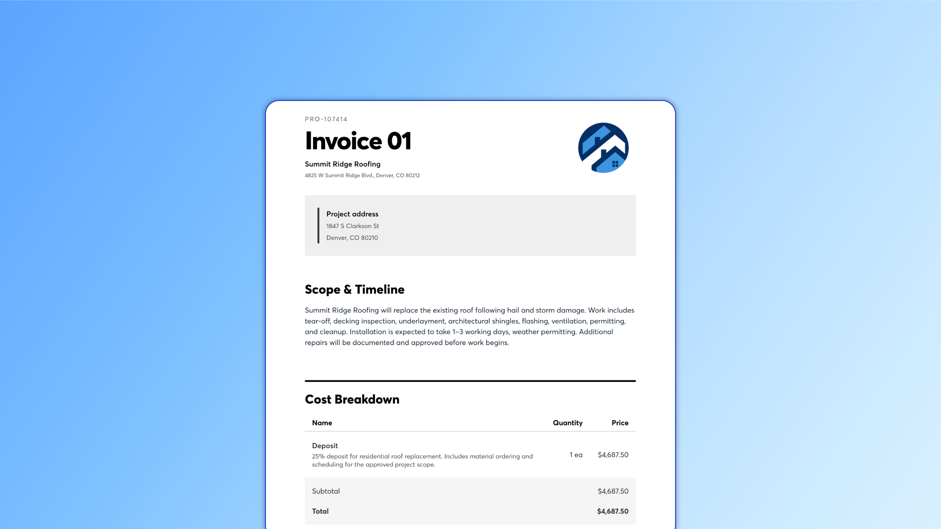 Contractor invoice for a residential roof replacement showing the project scope, timeline, and deposit cost breakdown.