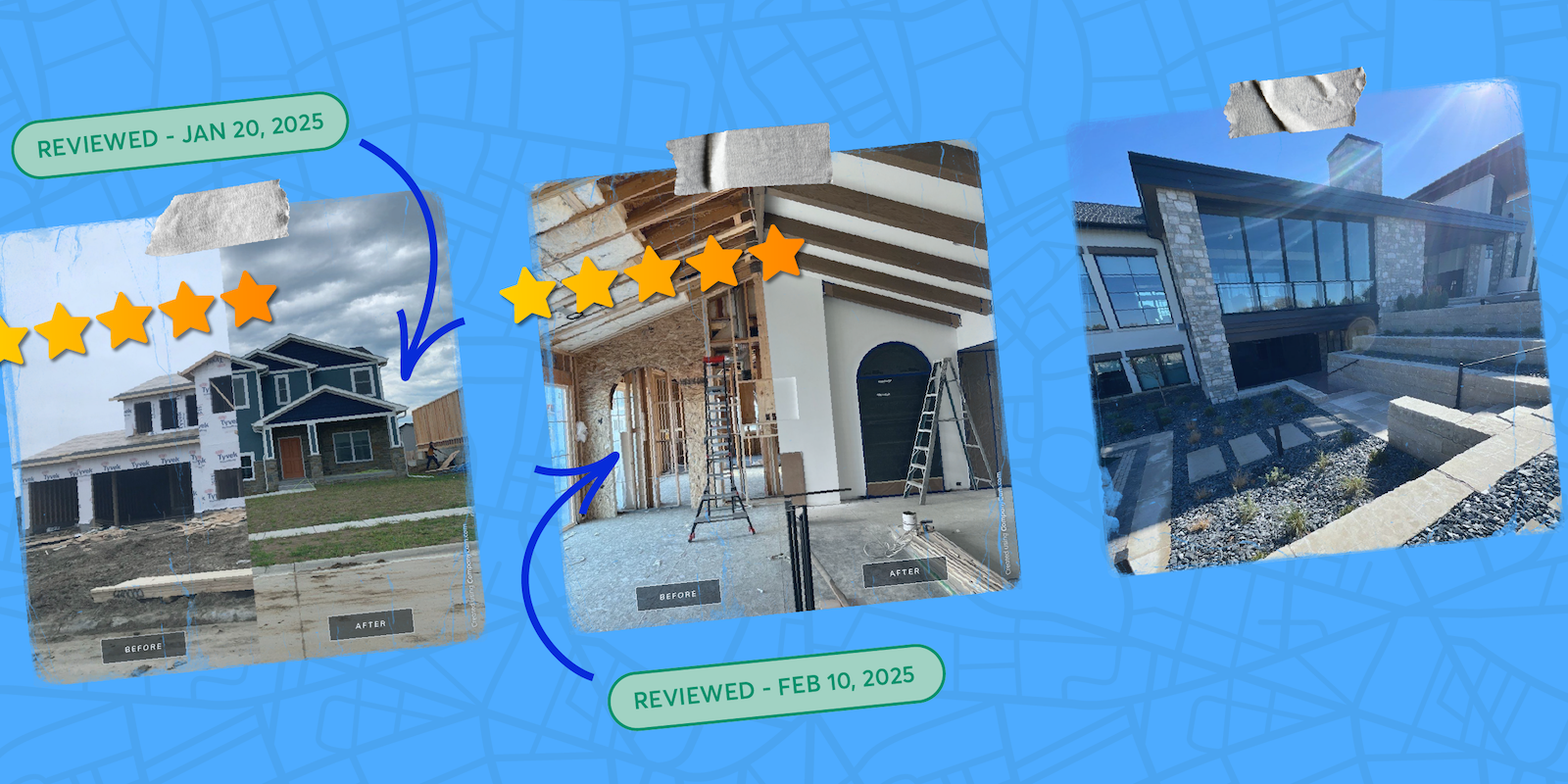 before-and-after photos of a house and interior renovation, showing 5-star reviews