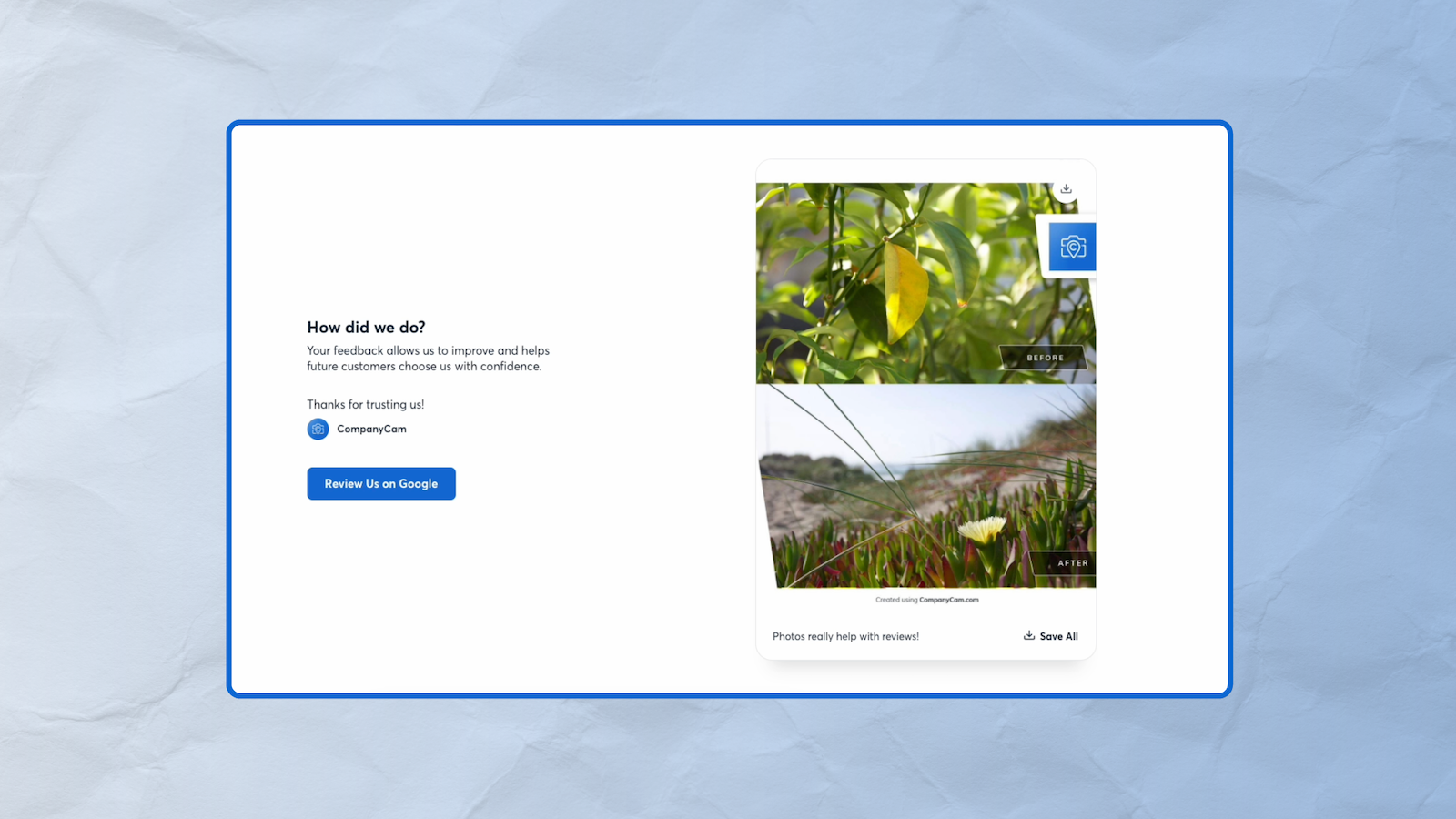 companycam review request page with side-by-side before-and-after nature photos and a Google review button