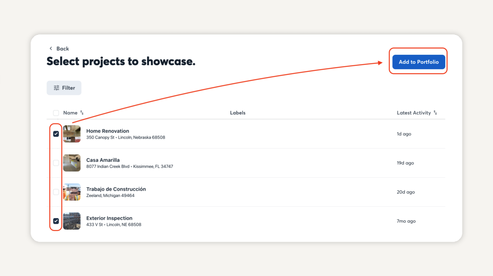 Project selection screen showing a list of construction jobs with checkboxes and an “Add to Portfolio” button highlighted.