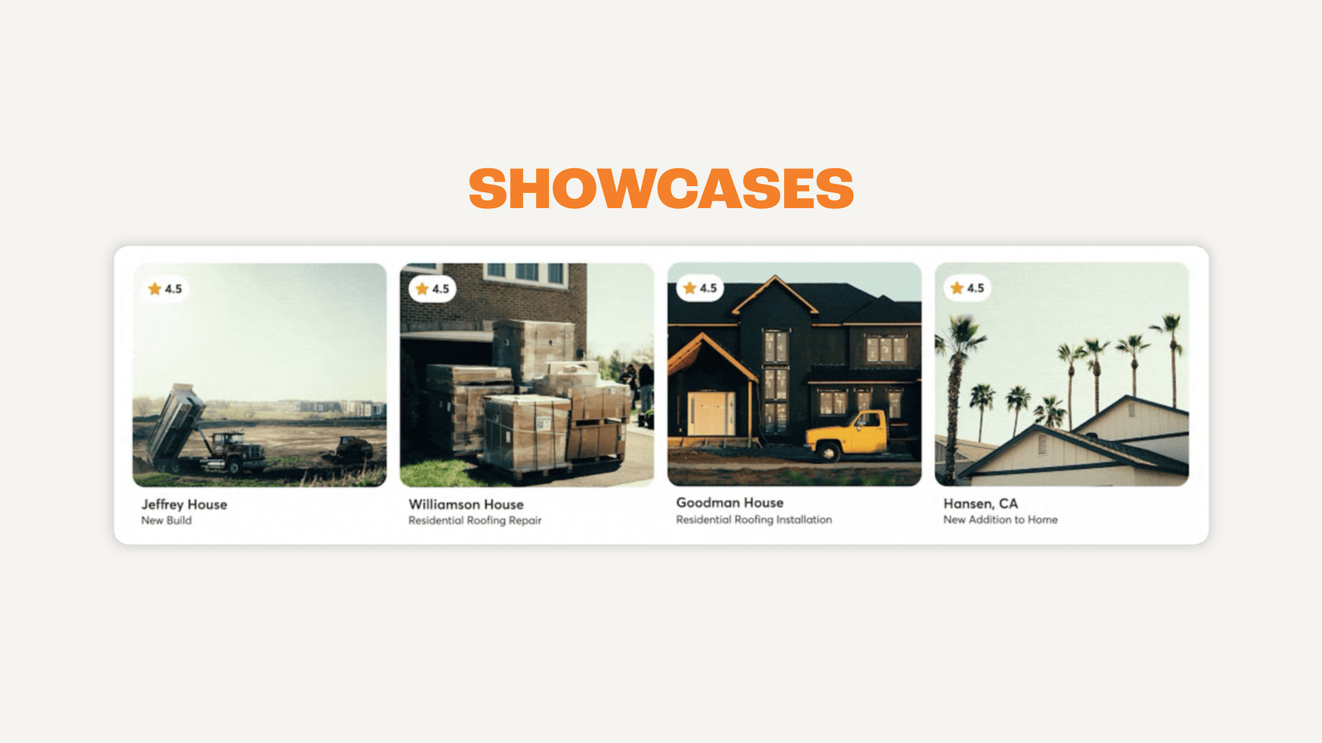 Grid of completed construction project thumbnails with customer ratings on a showcase section.