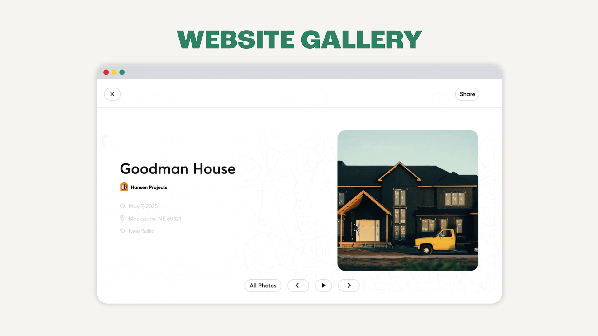 Gallery view of a construction project on a company website showing project image and company branding.