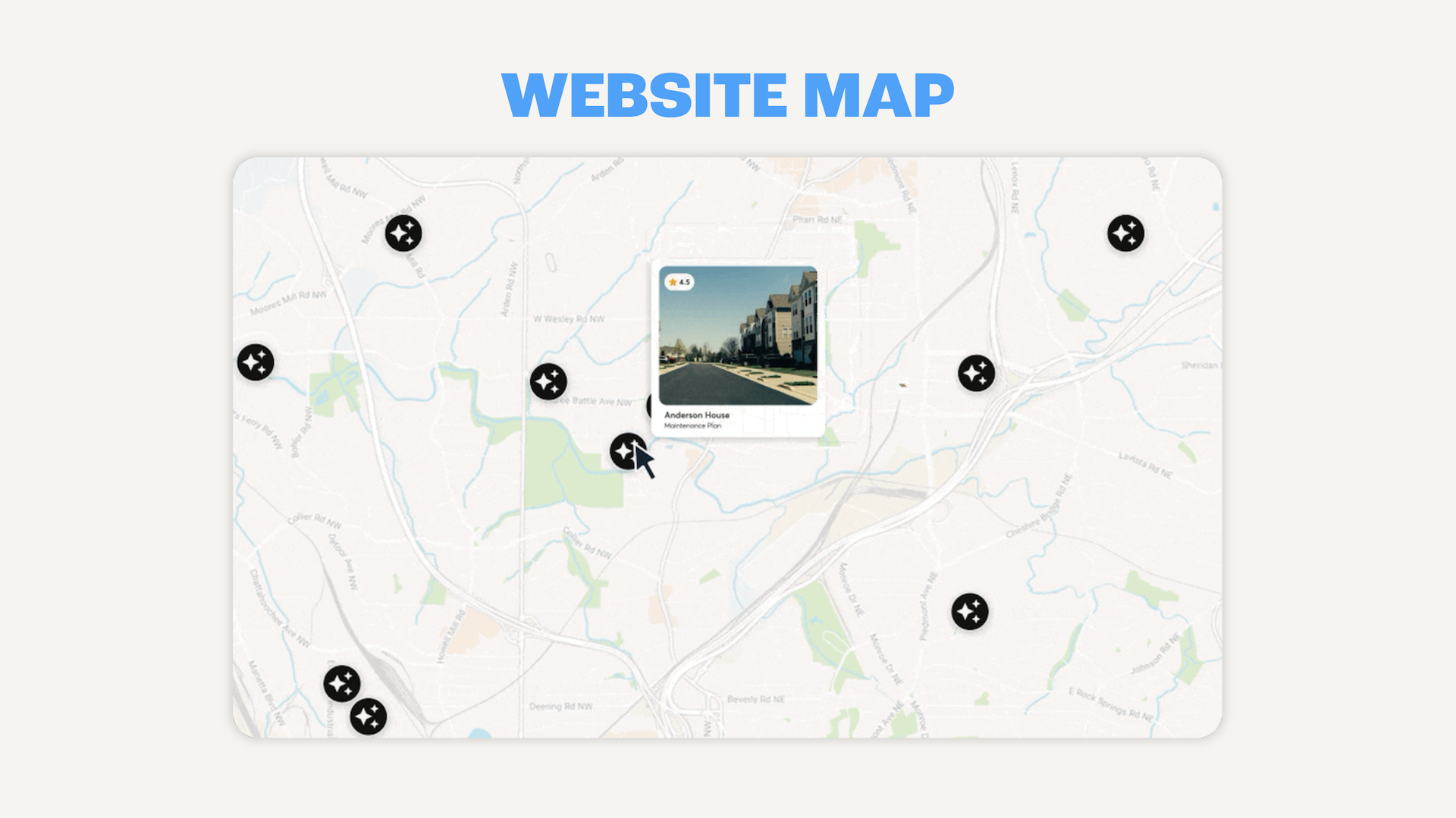 Interactive map view showing multiple construction project locations with preview image on a business website.