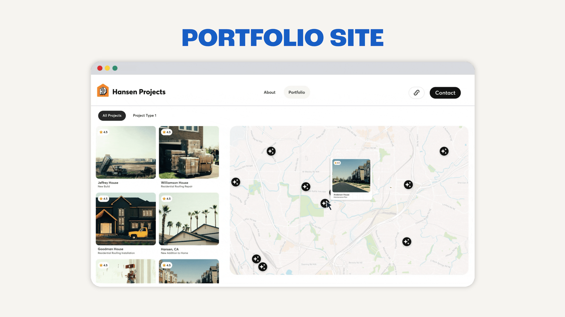 Construction company portfolio website displaying a list of projects alongside a map with clickable project locations.